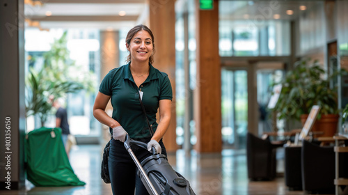 female cleaner with cleaning cart in modern office building