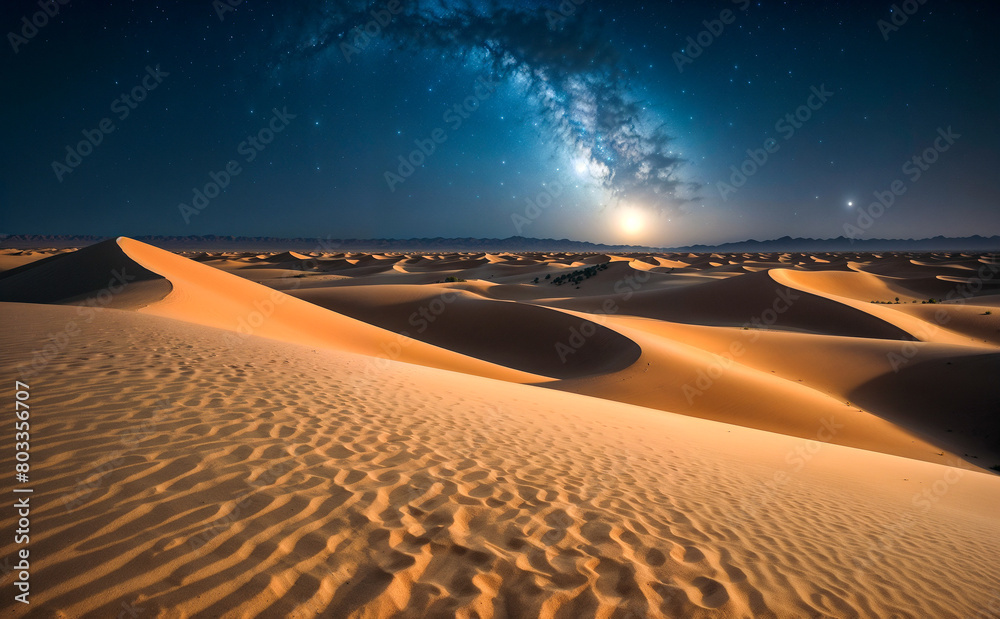 Naklejka premium Celestial Canvas: Drone Captures Moonlit Desert Beauty