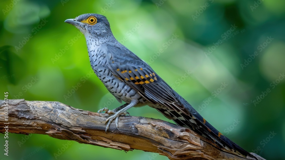 Eurasian or common Cuckoo (Cuculus canorus) nicely perching on wooden branch over fine blur green background Eurasian or common Cuckoo (Cuculus canorus) nicely perching on wooden branch over fine blur green background