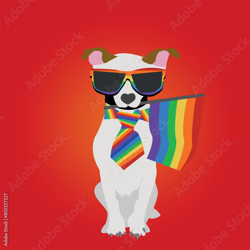 LGBTQ+ flag, red background, dog with sunglasses sitting