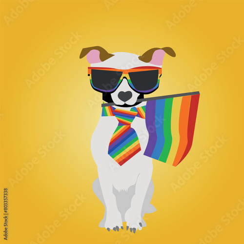Yellow Background, Puppy sitting holding rainbow flag.
