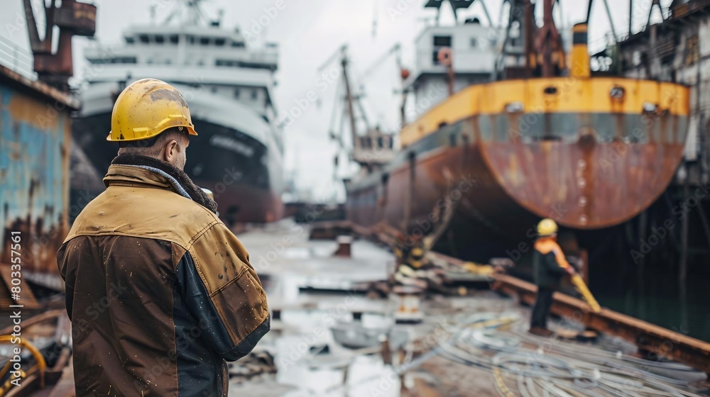 Skilled Ship Repair Mechanic Supervising Busy Shipyard with Tools in Hand Amidst Industrial Setting and Docked Ships