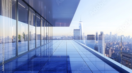 Sleek 3D rendering of a contemporary building balcony  showcasing a bold blue floor and unobstructed views of the urban skyline  emphasizing modern luxury living
