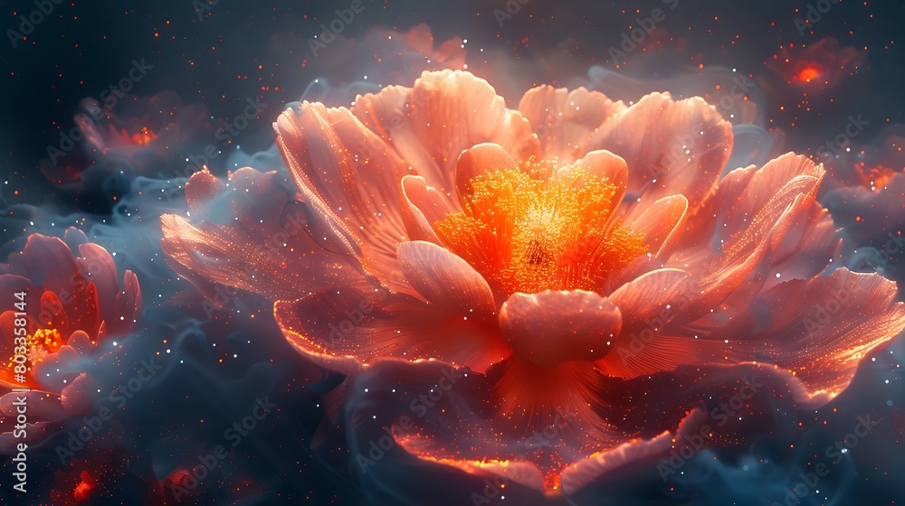 Show a nebula as a blooming cosmic flower, with layers of colorful gas and dust arranged in a delicate, petal-like structure. Show a nebula as a blooming cosmic flower, with layers of colorful gas and dust arranged in a delicate, petal-like structure.