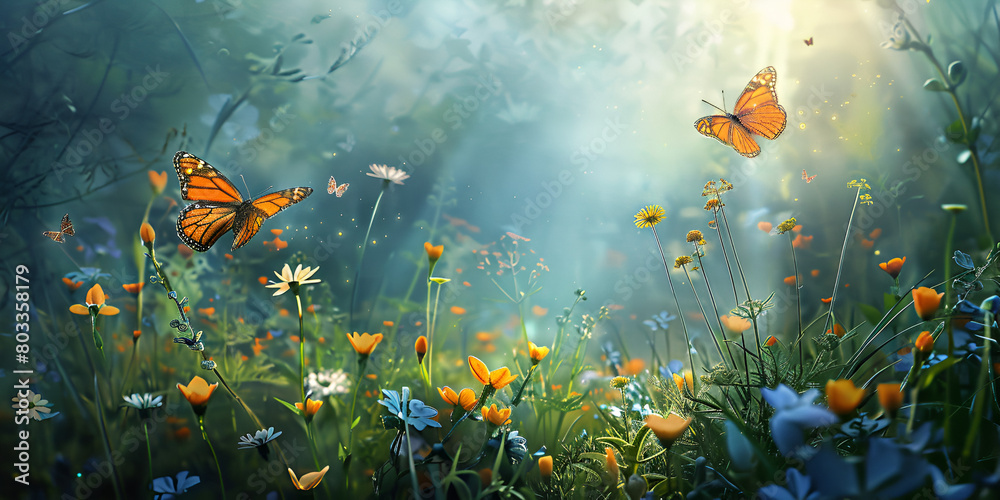 Summer meadow with flowers and butterfly Nature background Butterflies fluttering among wildflowers swarm of colorful butterflies fluttering around a blooming field of flowers