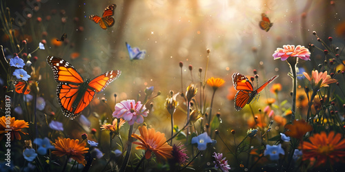Summer meadow with flowers and butterfly Nature background Butterflies fluttering among wildflowers swarm of colorful butterflies fluttering around a blooming field of flowers © Muhammad
