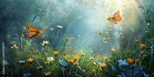 Summer meadow with flowers and butterfly Nature background Butterflies fluttering among wildflowers swarm of colorful butterflies fluttering around a blooming field of flowers photo