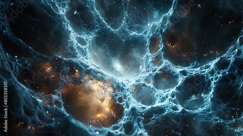 Show the Dark Matter Web as a complex geometric pattern that spans across the universe, connecting celestial bodies with an intricate meshwork that is both mysterious 