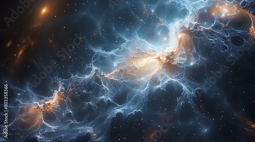 Show the Dark Matter Web as a complex geometric pattern that spans across the universe, connecting celestial bodies with an intricate meshwork that is both mysterious 