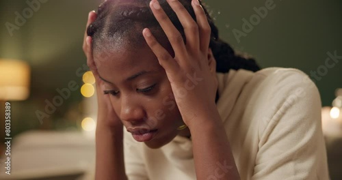 Black girl, thinking and sad or tired in home for academic pressure, self esteem or anxiety and depression of break up. Woman, fatigue and burnout of school or unhappy of broken heart and stressed. photo