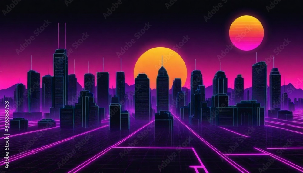 3d model A retro sunset cityscape with silhouettes (5)