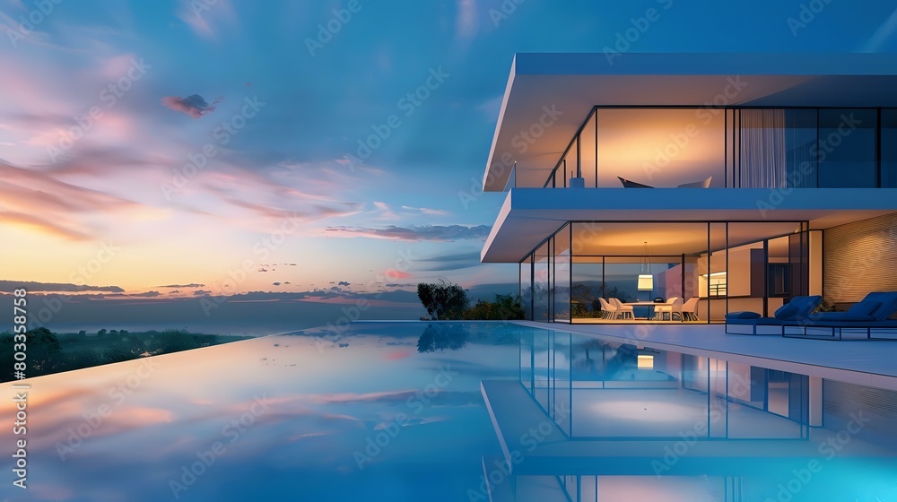 Fototapeta premium Private Infinity Pool Modern Luxury House at Dusk