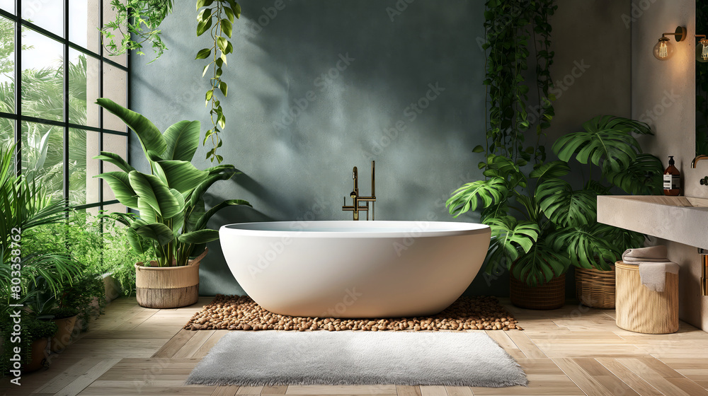 Biophilic design bathroom with natural elements and materials, white freestanding bathtub surrounded by lush greenery, floor combines wooden planks and pebble detailing, complemented by plush grey rug