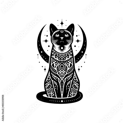 Siamese cat silhouette in bohemian, boho, nature illustration