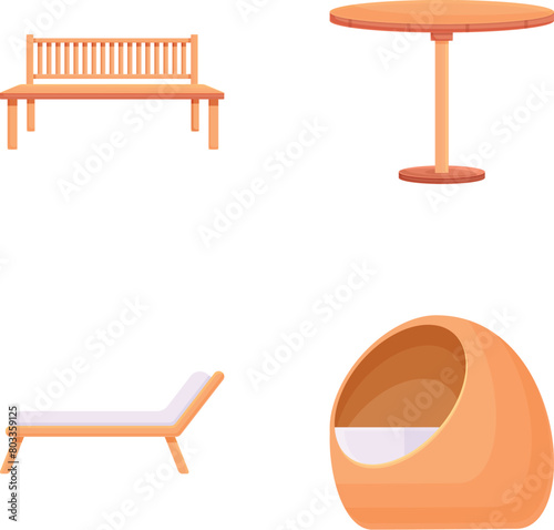 Wooden furniture icons set cartoon vector. Various kind of outdoor furniture. Garden patio