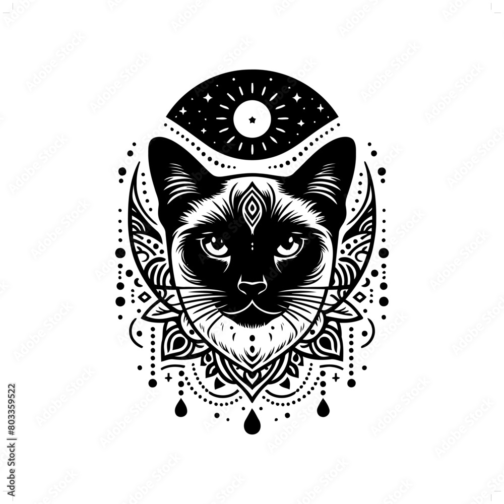 Naklejka premium Siamese cat silhouette in bohemian, boho, nature illustration