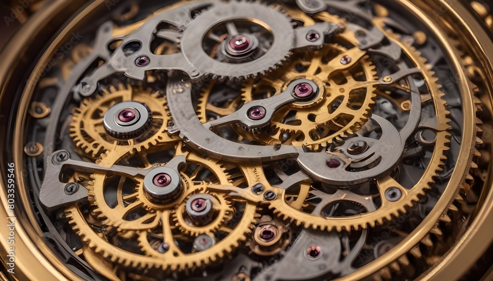 Macro shot of the intricate gears and mechanisms of a mechanical watch or clock, with a warm, golden lighting that creates a beautiful, abstract pattern