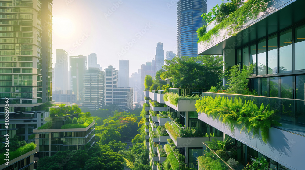 urban farming concept, sleek skyscrapers reaching toward a clear sky, their rooftops transformed into lush gardens