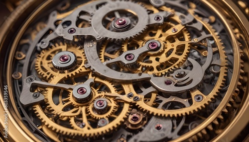 Macro shot of the intricate gears and mechanisms of a mechanical watch or clock  with a warm  golden lighting that creates a beautiful  abstract pattern