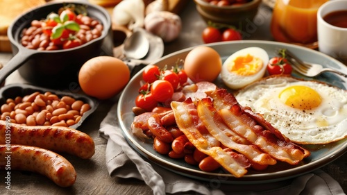 Hearty English breakfast with eggs, bacon, and sausages on a table.