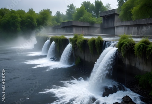 A flowing waterfall with multiple cascades of water rushing over a concrete structure, surrounded by lush greenery in the background