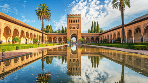 Serene reflection of Alhambra s exquisite architecture beside tranquil waters photo