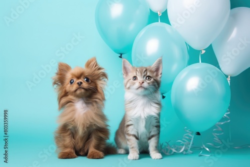 Cute adorable birthday red dog with kitten cat sitting on blye background with balloons. photo