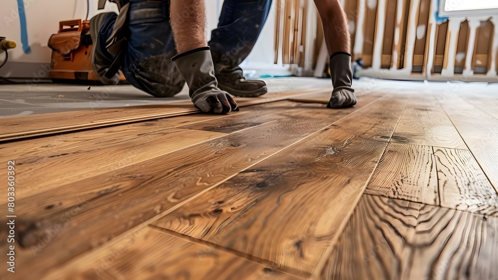Worker installing wood flooring in a house. Concept Home Improvement, Renovation, Interior Design, Flooring Installation, Construction Work Worker installing wood flooring in a house. Concept Home Improvement, Renovation, Interior Design, Flooring Installation, Construction Work
