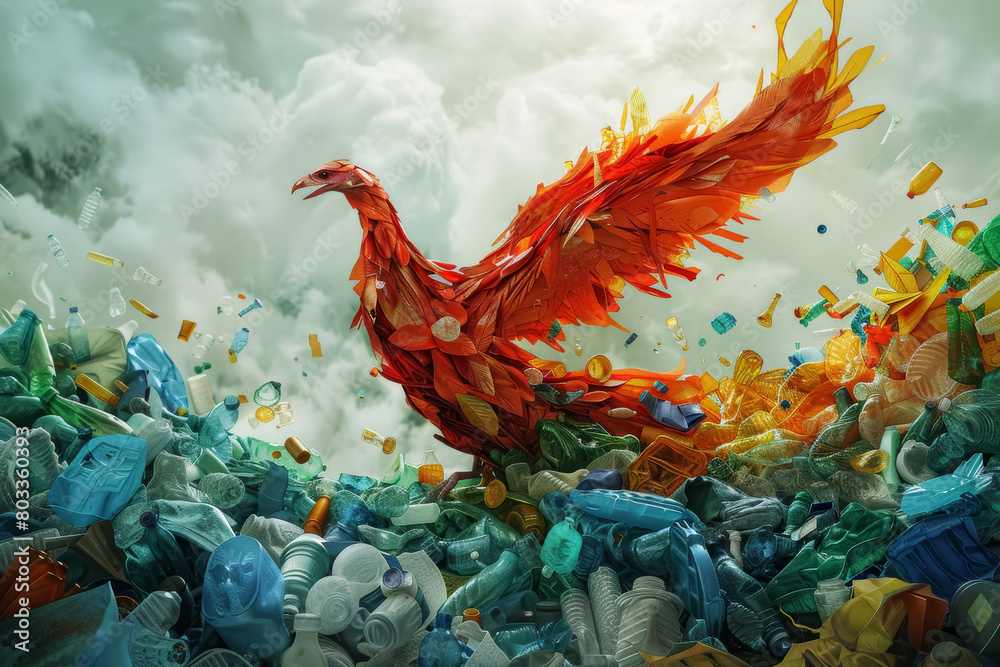 Fototapeta premium Phoenix Rising from Plastic Waste, Artistic Renewal Concept