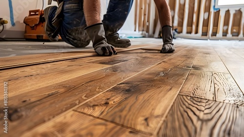 Worker installing wood flooring in a house. Concept Home Improvement, Renovation, Interior Design, Flooring Installation, Construction Work photo