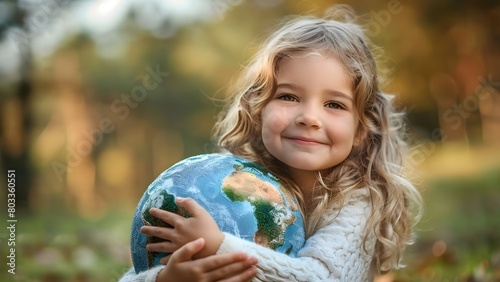 Young girl embraces Earth model for World Childrens Day promotion. Concept World Children's Day, Earth Conservation, Promotional Campaign, Young Girl, Embracing Model