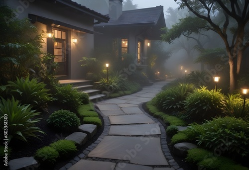 A modern house with a well-landscaped front yard featuring a stone pathway, lush greenery, and outdoor lighting creating a warm and inviting atmosphere