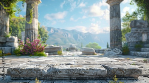 Classic stone podium in front of an ancient temple, perfect for historical or travel themes