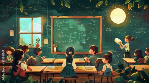 AI generated, World teacher’s day theme. Male teacher standing in front of a blackboard in the classroom, holding a book. Flat simple illustration for happy teacher's day photo