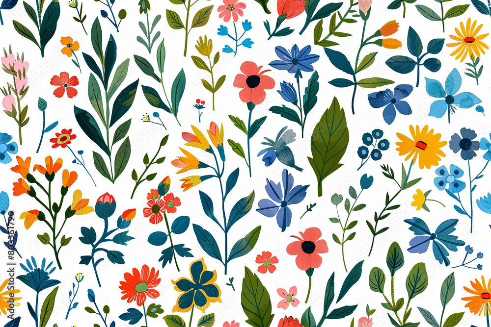 Seamless pattern featuring colorful watercolor flowers and scattered green leaves on a white background. Ideal for fabric prints, stationery, and gift wrap.