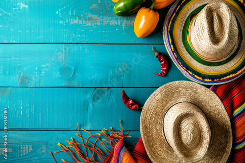 Wooden table decorated with a colorful serape blanket, two straw sombrero hats, and red and green peppers. Perfect for a Cinco de Mayo fiesta background