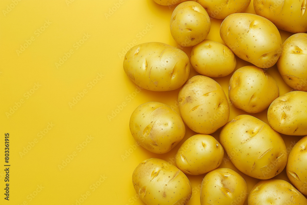 Whole potatoes in various shapes and sizes on a bright yellow background. TPerfect for International Day of Potato or showcasing potato varieties. Whole potatoes in various shapes and sizes on a bright yellow background. TPerfect for International Day of Potato or showcasing potato varieties.