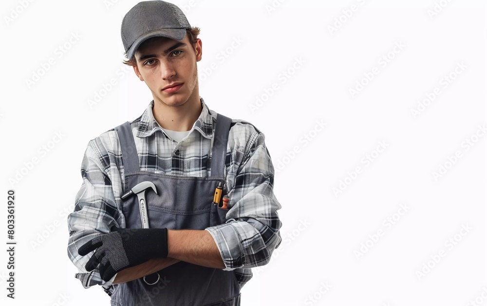 Young mechanic in uniform with wrench and gloves in pocket, isolated on white Young mechanic in uniform with wrench and gloves in pocket, isolated on white