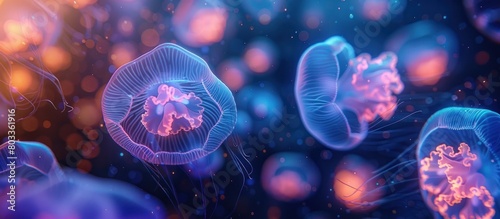 Translucent Jellyfishlike Protozoa in a Vibrant Bioluminescent Abyss A Rendered Macro Marine Study photo