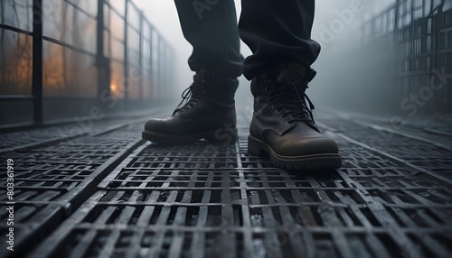 A person's feet wearing work boots standing on a metal grate