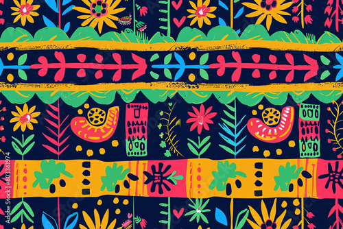 Mexican seamless pattern with colorful flowers and leaves on a dark background. Great for fabric design, wrapping paper, and other creative projects.