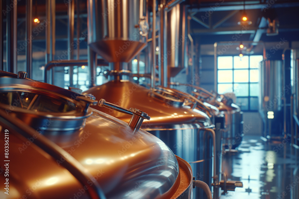 A beer industry, big copper tanks fill a room where happens the brewing of the drink, traditional yet modern interior.