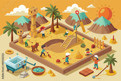 Archaeological dig playground with sandbox excavation sites, replica artifacts, and a junior archaeologist lab