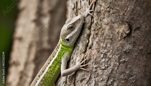 A Lizard Crawling Up A Tree Trunk