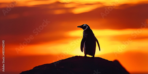 Silhouette of penguin on sunset sky background Penguins at Sunset Golden Hour Wildlife gentoo penguin standing on a sandy beach at sunset photo