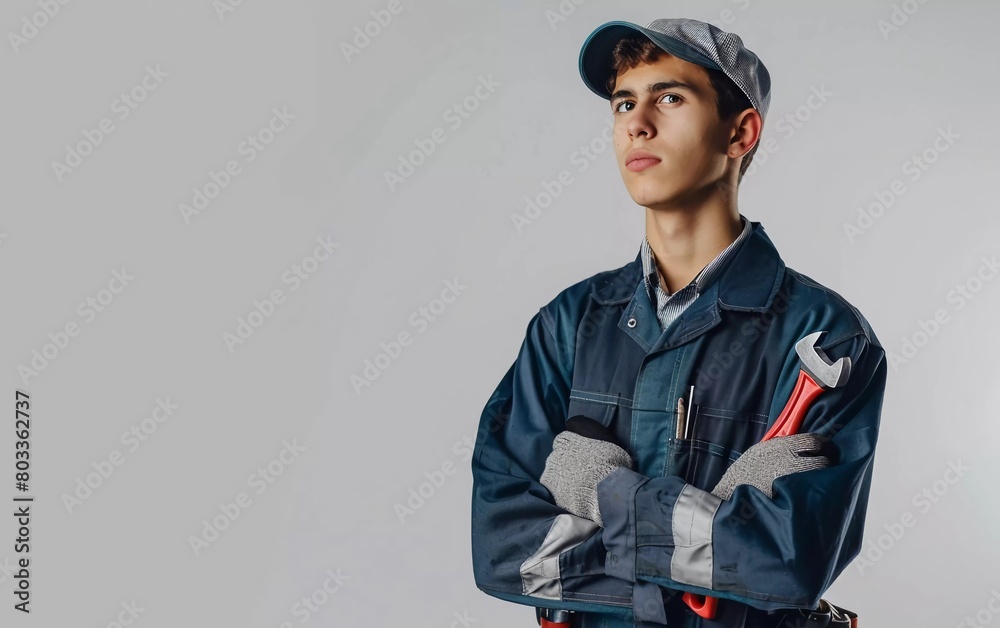 Young mechanic in uniform with wrench and gloves in pocket, isolated on white Young mechanic in uniform with wrench and gloves in pocket, isolated on white