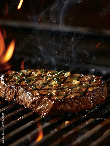 Sizzling steak on a grill with flames - A close-up of a juicy steak grilling over an open flame, capturing the sizzle and enticing aroma of the cooking meat