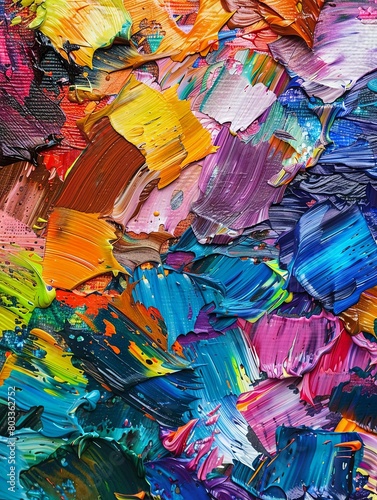 Vibrant oil paint strokes on canvas - A close-up of multicolored, thick oil paint strokes creating a vibrant, texture-rich surface indicative of modern art and creativity