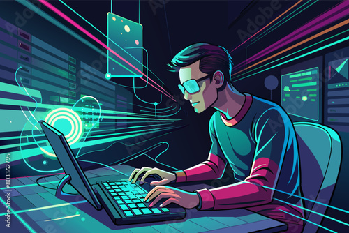 programmer, fingers flying across the keyboard, writes lines of code that appear to illuminate the room like neon signs