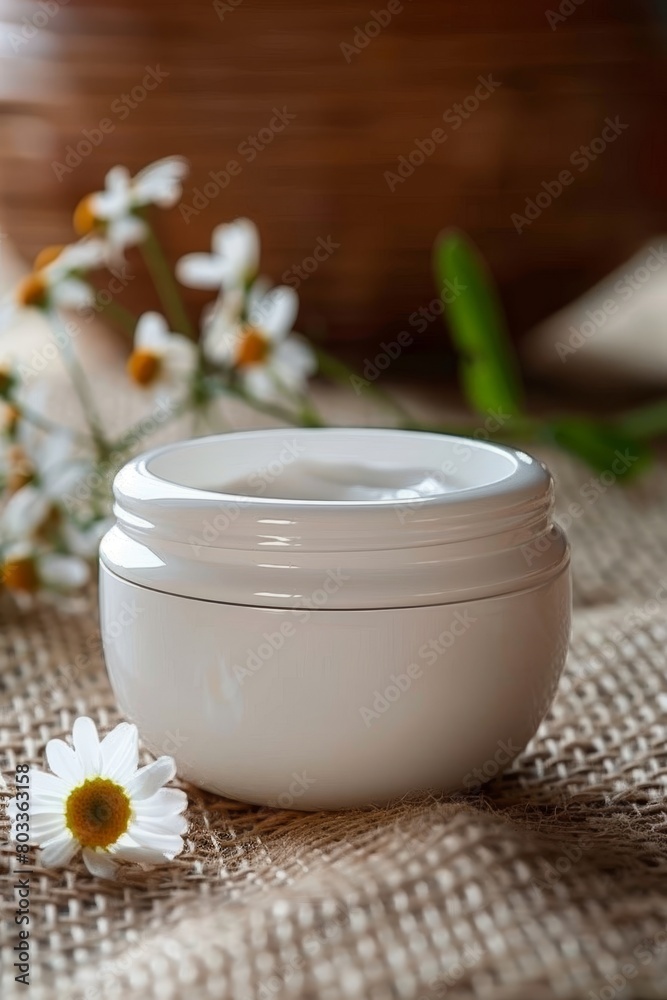 Chamomile flowers and cosmetic cream on wooden surface with copy space on the left side Chamomile flowers and cosmetic cream on wooden surface with copy space on the left side